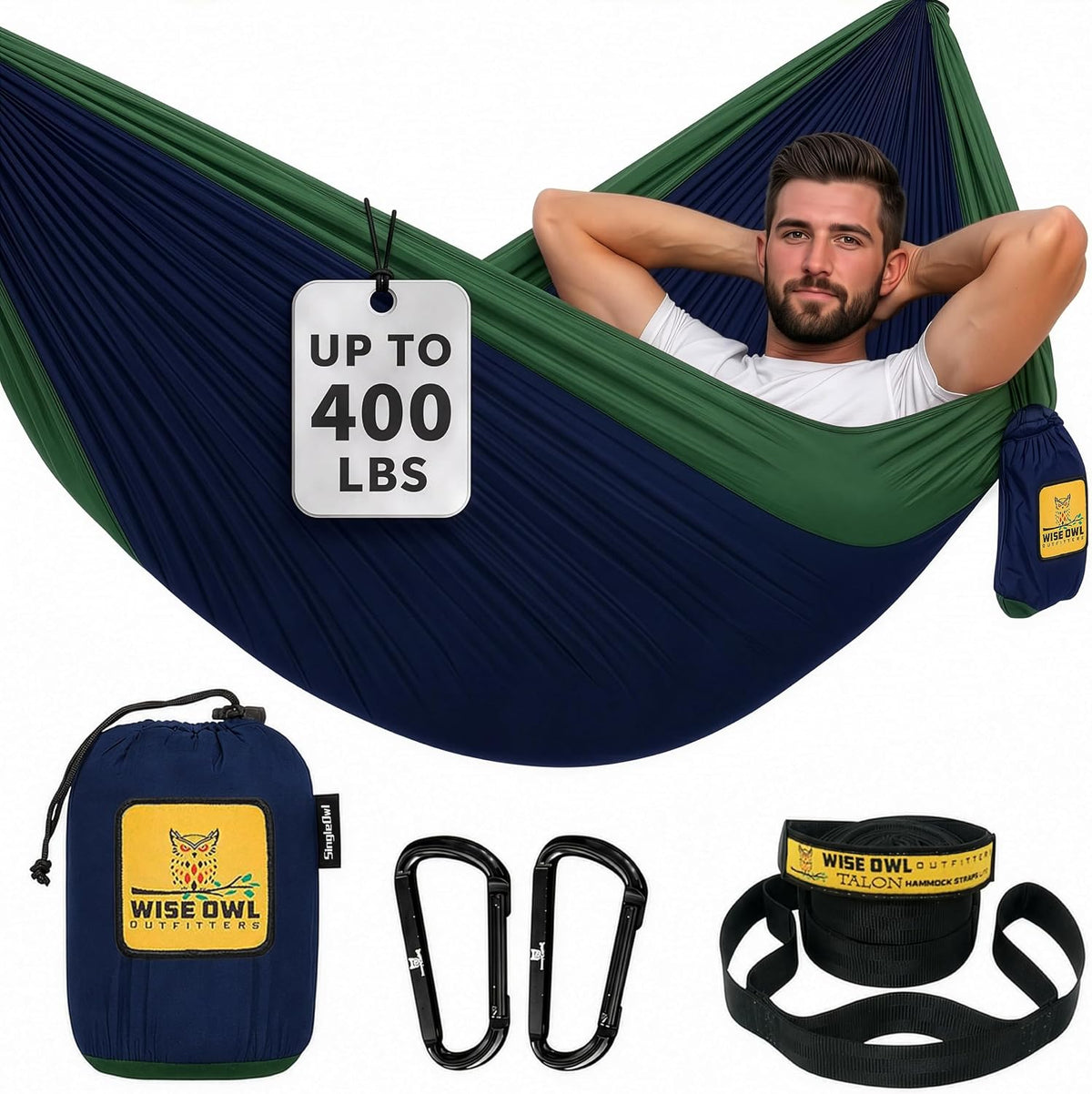 Wise Owl Outfitters SingleOwl navy green parachute hammock with tree straps carabiners stuff sack